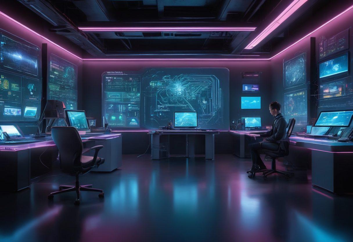 A futuristic workspace showcasing a blend of advanced technology and hardware, with holographic displays illustrating connections and data flow. Include a passionate engineer manipulating a 3D printer, surrounded by circuit boards and robotics. The atmosphere should feel innovative and dynamic, highlighting the synergy between human creativity and technology. Soft lighting with neon accents to emphasize the cutting-edge theme. cyberpunk. vibrant colors. super-realistic.