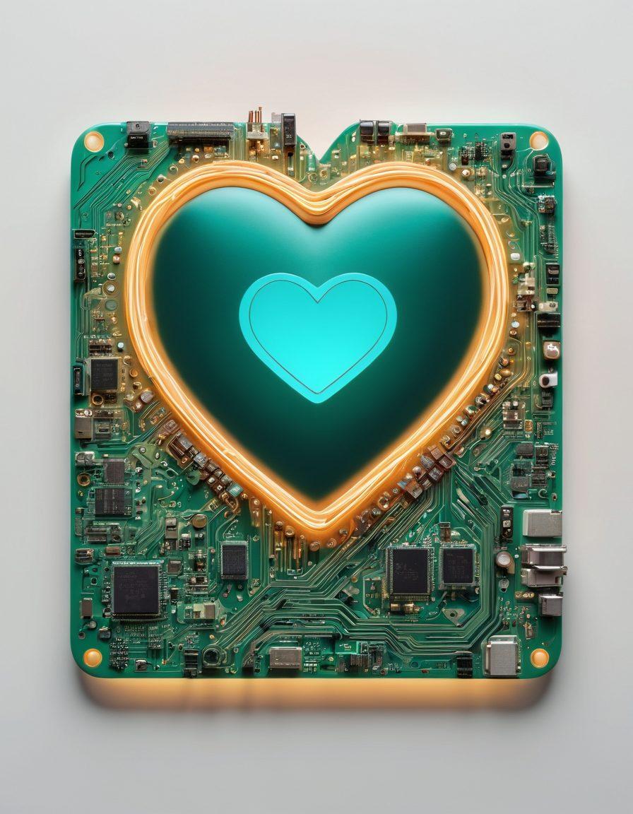 A heart-shaped circuit board intertwined with everyday objects like a smartphone, laptop, and kitchen appliances, symbolizing the connection between technology and daily life. Soft glowing lights emanating from the circuit board, creating a warm, inviting feel. A vibrant color palette with blues and greens to emphasize technological sophistication. In the background, subtle silhouettes of people engaging with these devices. super-realistic. vibrant colors. white background.