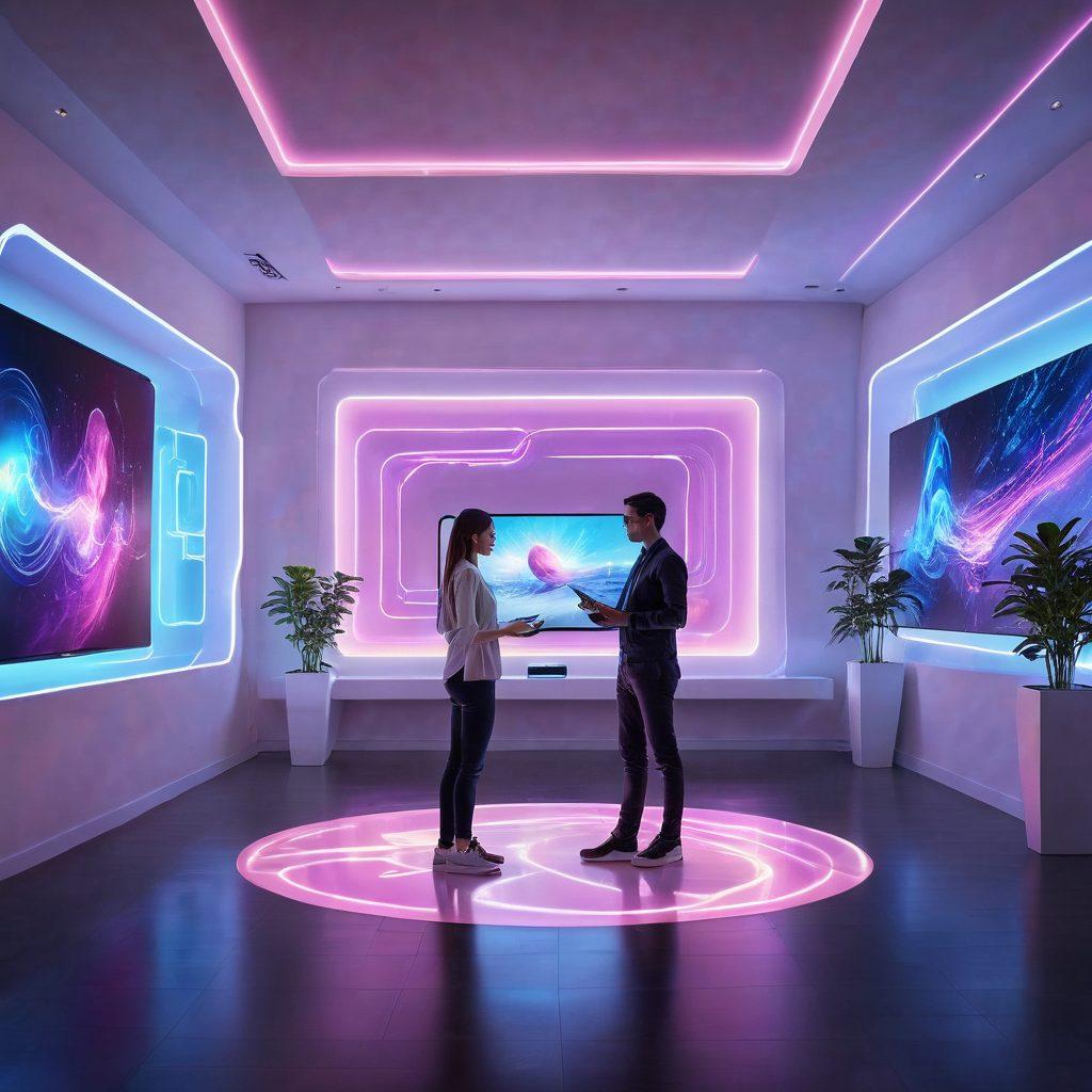 A futuristic room filled with innovative gadgets and holographic technology, showcasing diverse people interacting joyfully with the hardware. The scene emphasizes connection and love through digital interaction, with glowing elements symbolizing warmth and affection. Bright colors and soft lighting create a welcoming atmosphere, highlighting both technology and human emotion. vibrant colors. super-realistic. 3D.
